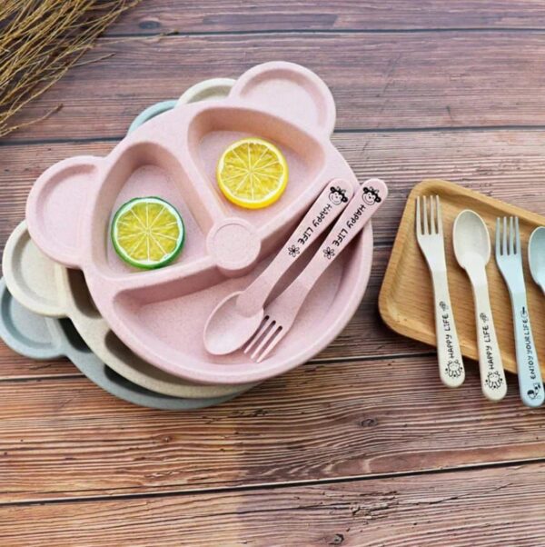 1 Set  Baby Feeding Tableware Bowl Spoon Fork Cartoon Bear